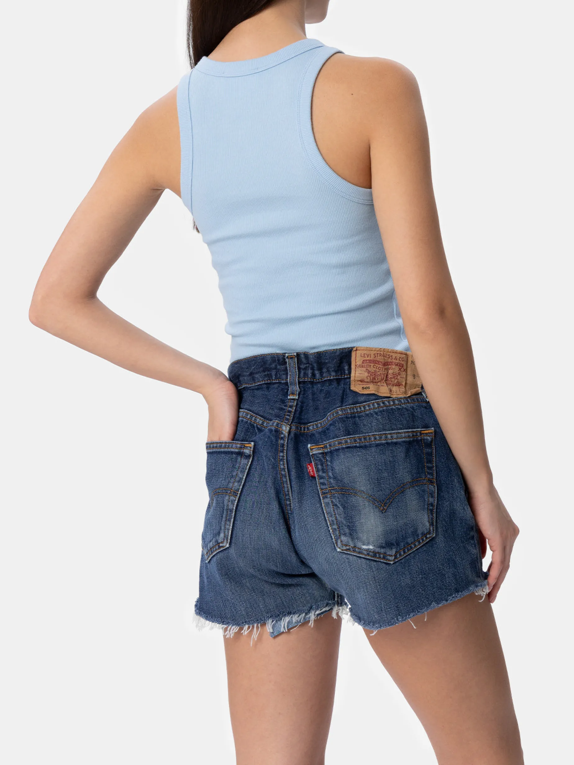 Hellblaues Tanktop aus Baumwolle im Rippenmuster für Damen Ada