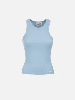 Hellblaues Tanktop aus Baumwolle im Rippenmuster für Damen Ada