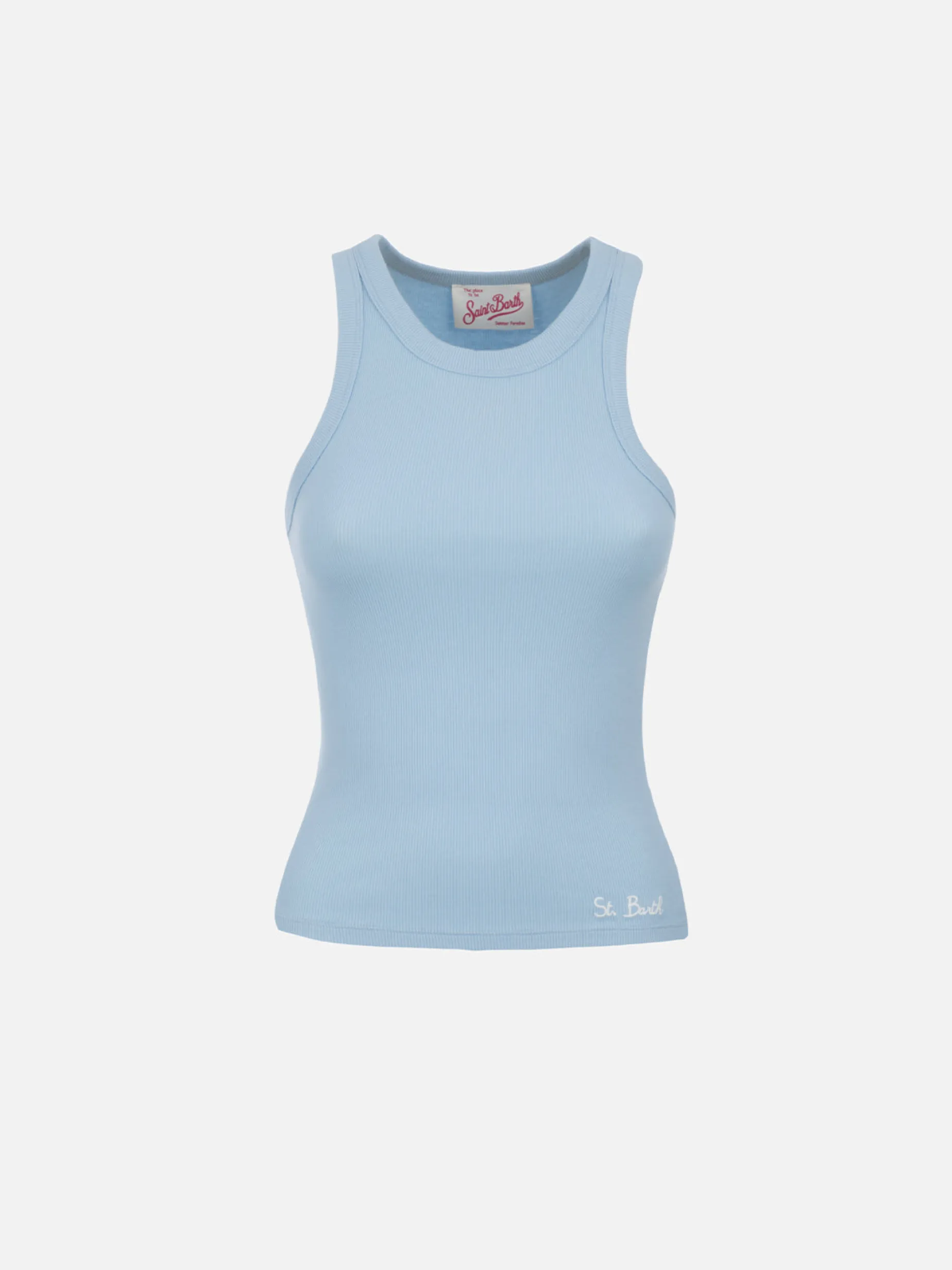 Hellblaues Tanktop aus Baumwolle im Rippenmuster für Damen Ada