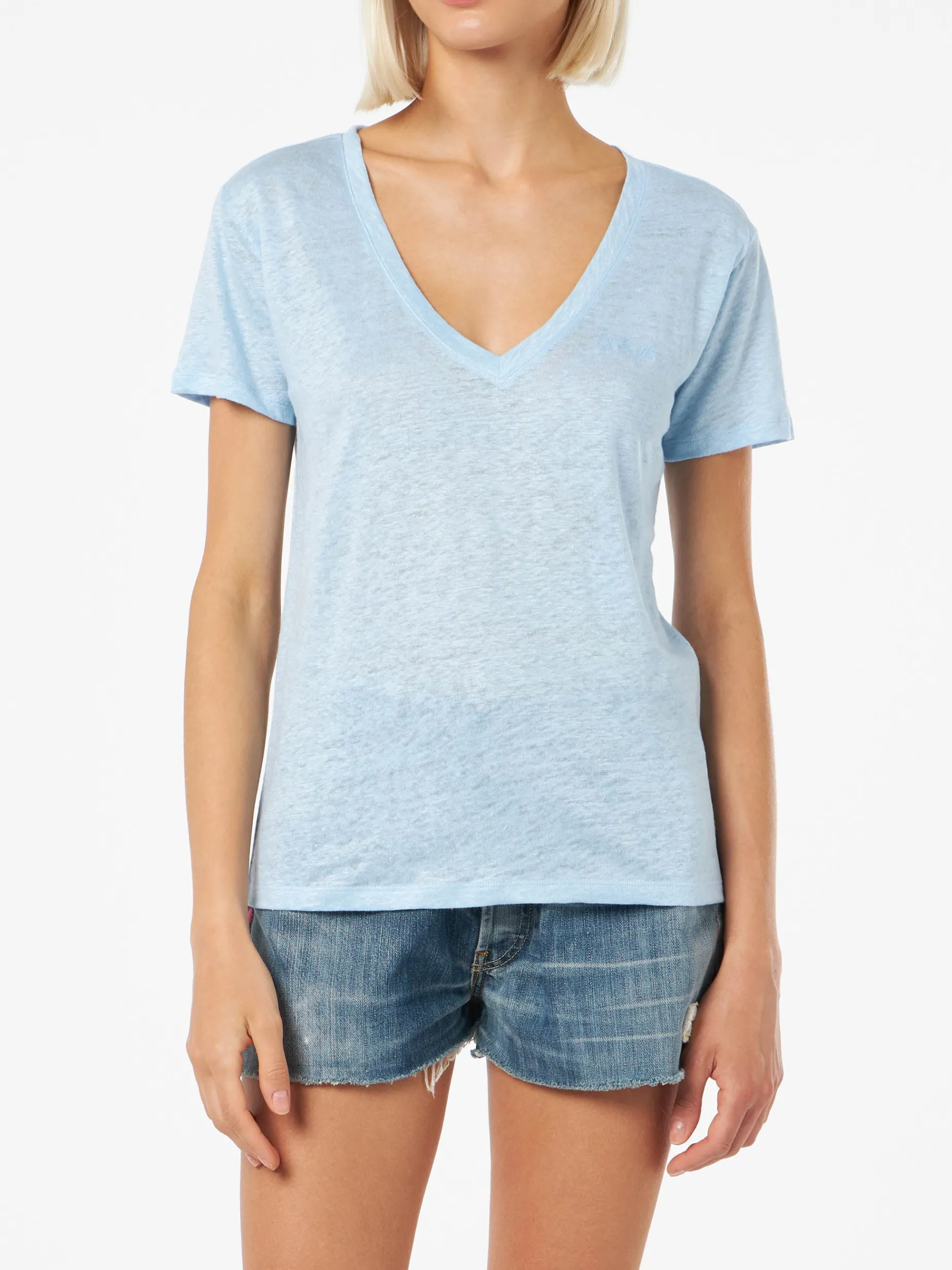 Hellblaues T-Shirt mit V-Ausschnitt aus Leinenjersey Eloise