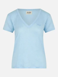 Hellblaues T-Shirt mit V-Ausschnitt aus Leinenjersey Eloise
