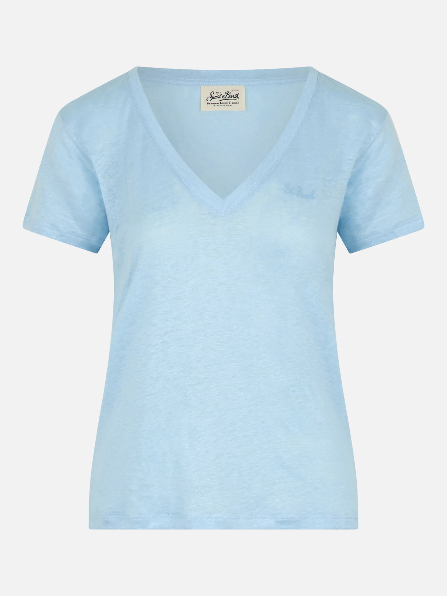 Hellblaues T-Shirt mit V-Ausschnitt aus Leinenjersey Eloise