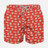 Hellrote Badeshorts für Jungen mit Micro-Thunfisch-Box-Print