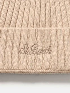 Herren beige gerippte Kaschmirmütze Wengen