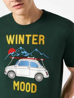 Herren waldgrünes T-Shirt mit Autoaufdruck | Fiat 500 Sonderedition