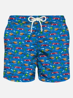 Herren-Badeshorts aus leichtem Stoff mit Autos-Aufdruck