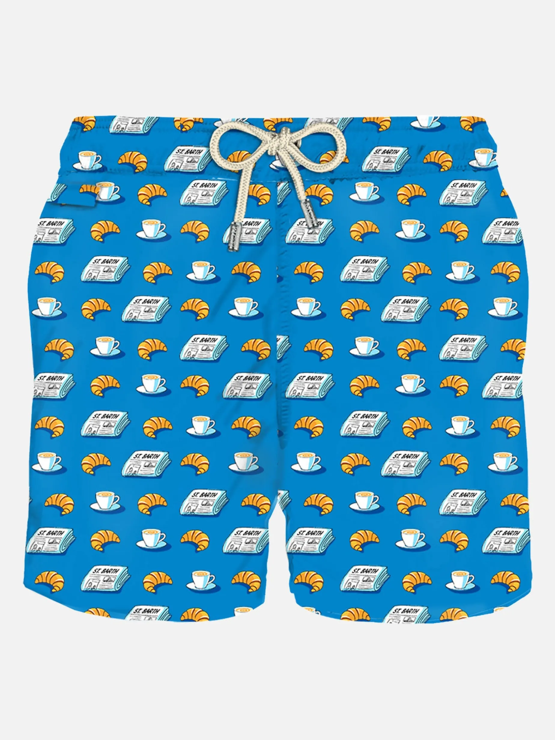 Herren-Badeshorts aus leichtem Stoff mit Zeitungs- und Croissant-Aufdruck