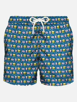 Herren-Badeshorts aus leichtem Stoff mit Fast-Food-Print