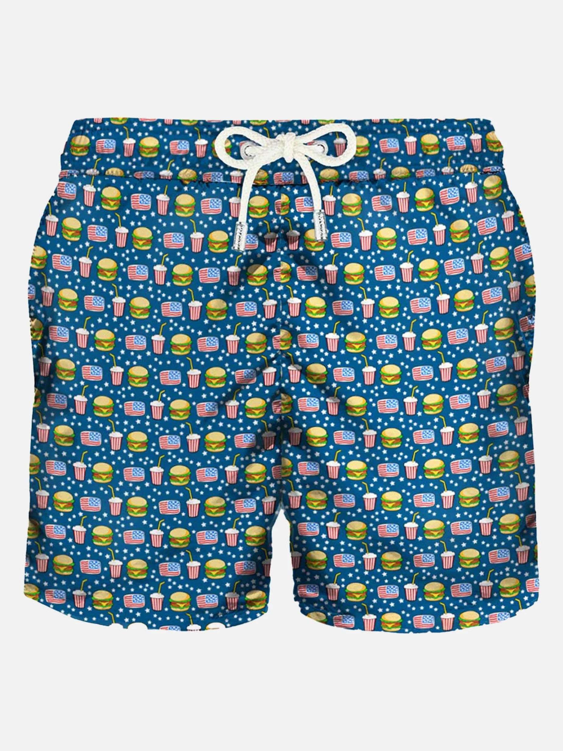 Herren-Badeshorts aus leichtem Stoff mit Fast-Food-Print