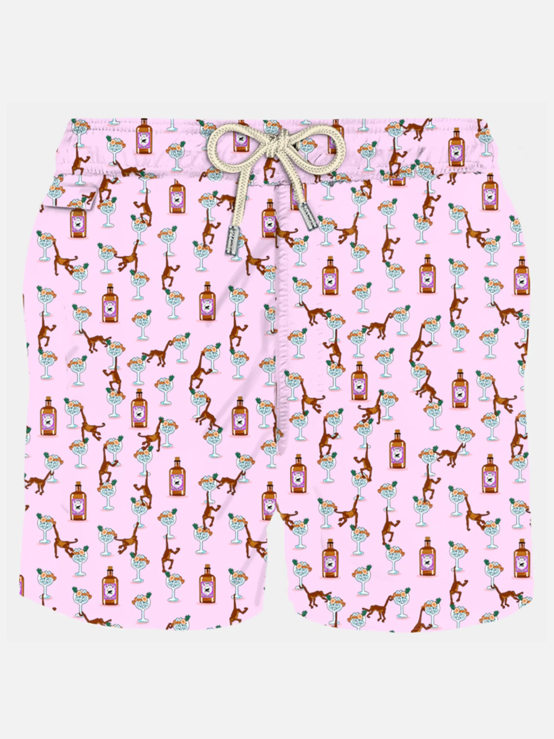 Herren-Badeshorts aus leichtem Stoff mit Gin- und Affen-Print
