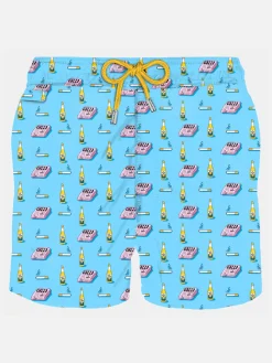 Herren-Badeshorts aus leichtem Stoff mit Zeitungs-, Bier- und Zigarettenaufdruck