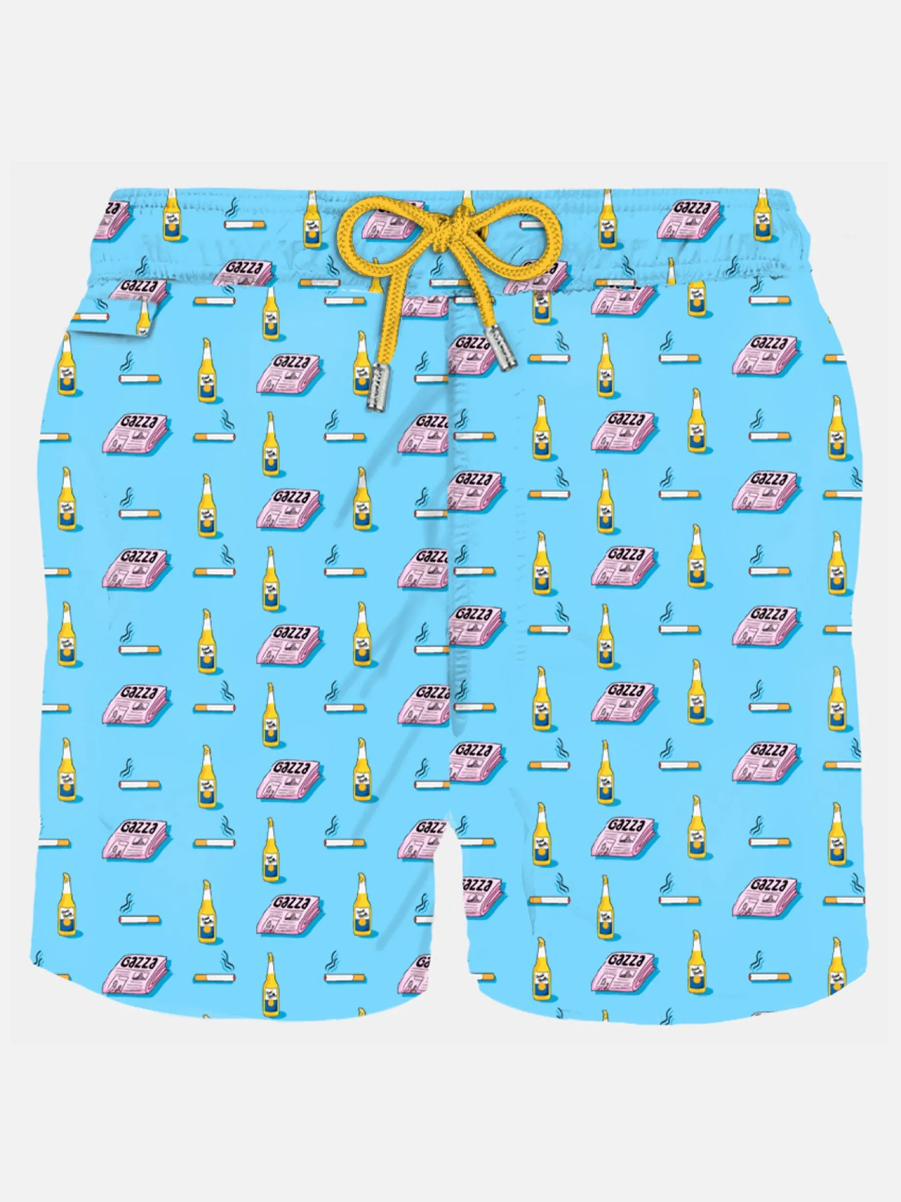 Herren-Badeshorts aus leichtem Stoff mit Zeitungs-, Bier- und Zigarettenaufdruck