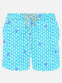 Herren-Badeshorts aus leichtem Stoff mit weißem und fuchsiafarbenem Oktopus-Print