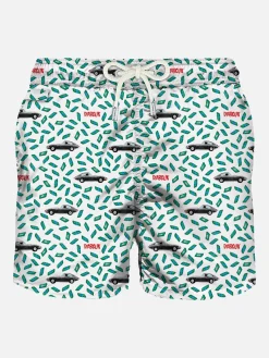Herren-Badeshorts aus leichtem Stoff mit Auto- und Geldaufdruck | DIABOLIK SONDEREDITION