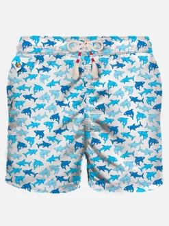 Herren-Badeshorts aus leichtem Stoff mit Hai-Aufdruck