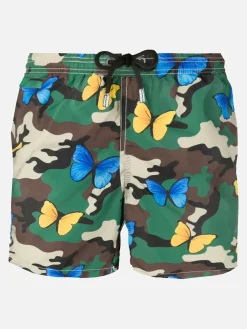 Herren-Badeshorts aus leichtem Stoff mit Schmetterlings- und Tarnmuster