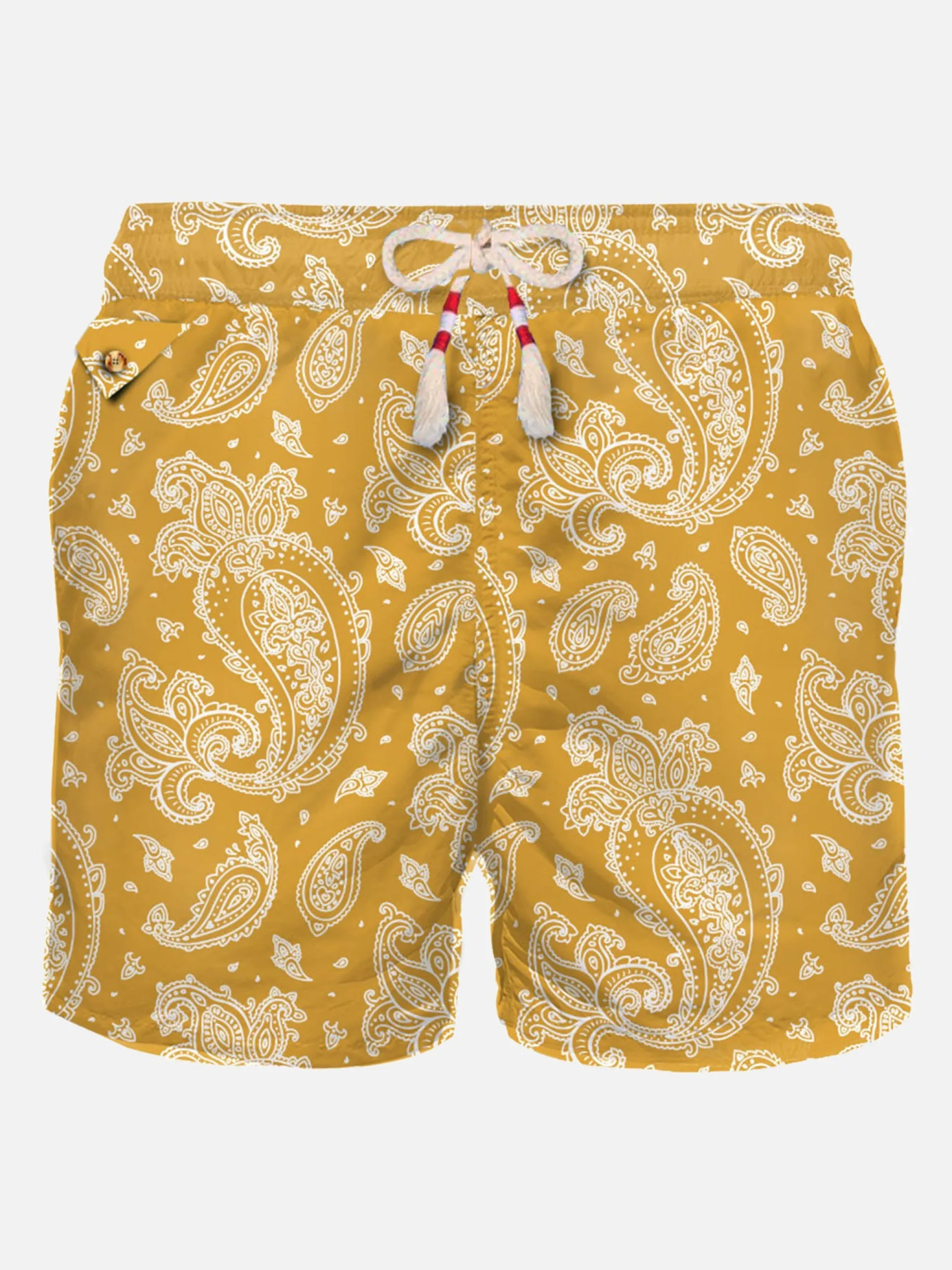 Herren-Badeshorts aus leichtem Stoff mit ockerfarbenem Paisley-Print