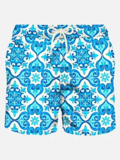 Herren-Badeshorts aus leichtem Stoff mit Majolika-Print