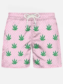 Herren-Badeshorts aus leichtem Stoff mit aufgestickten Blättern