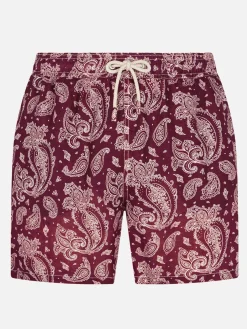 Herren-Badeshorts aus leichtem Stoff mit burgunderrotem Paisley-Print