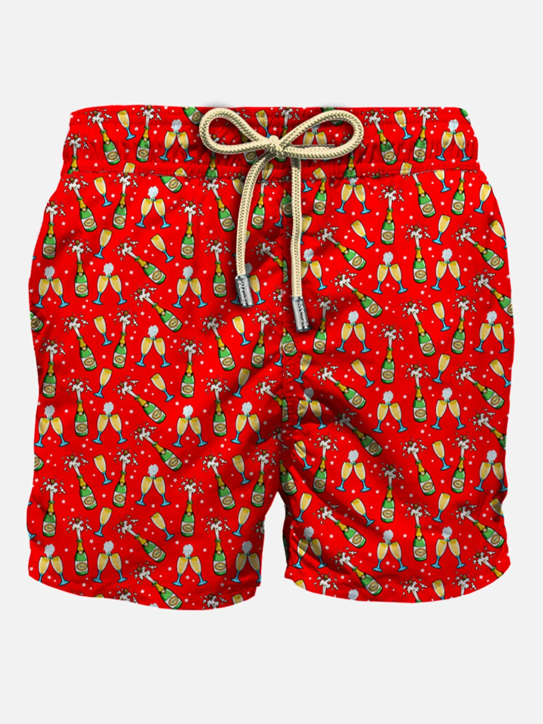 Herren-Badeshorts aus leichtem Stoff mit Flaschen- und Brillenaufdruck