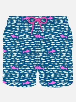 Herren-Badeshorts aus leichtem Stoff mit Fisch- und Hai-Aufdruck