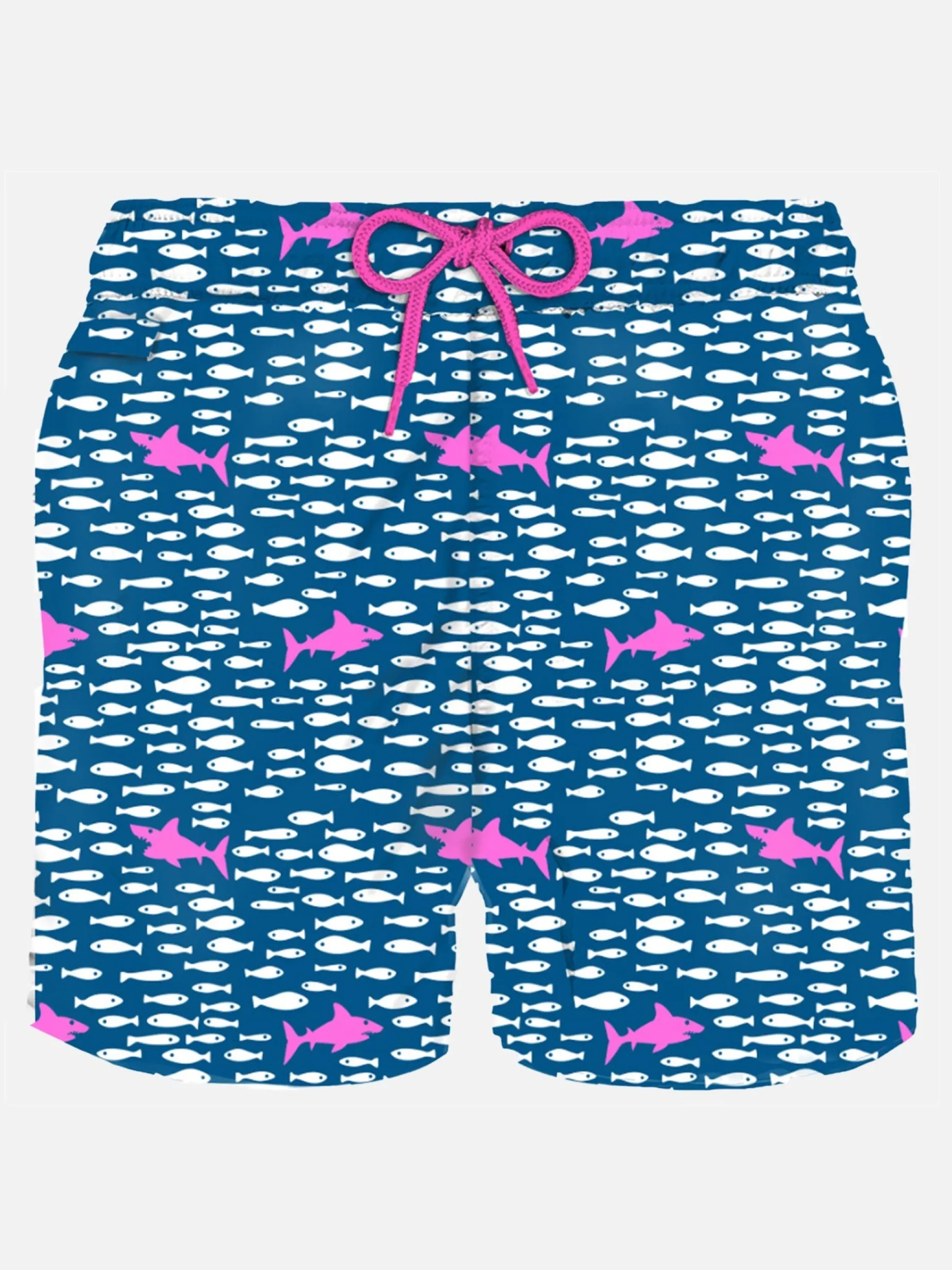 Herren-Badeshorts aus leichtem Stoff mit Fisch- und Hai-Aufdruck