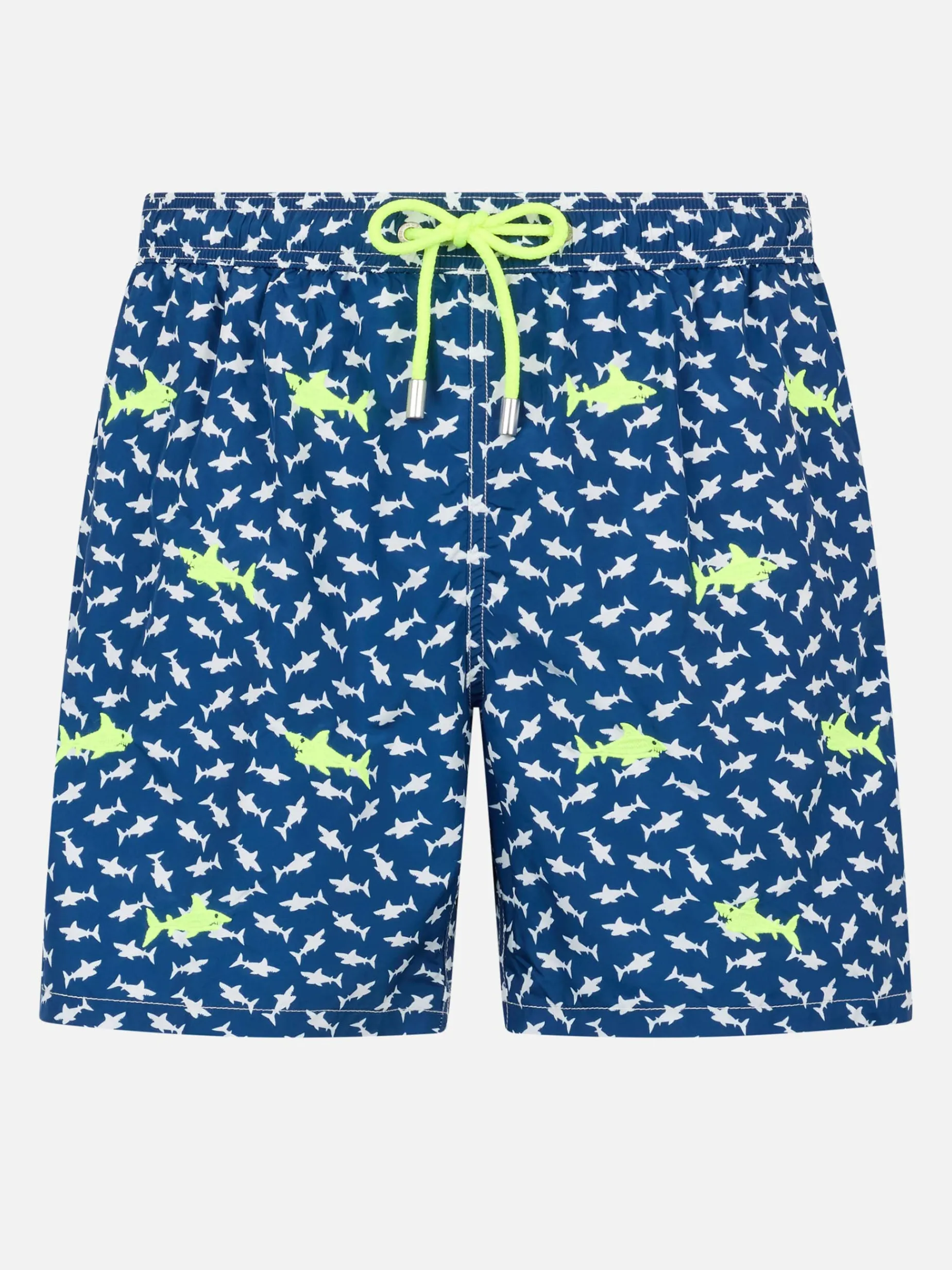 Herren-Badeshorts aus leichtem Stoff mit aufgestickten Haien