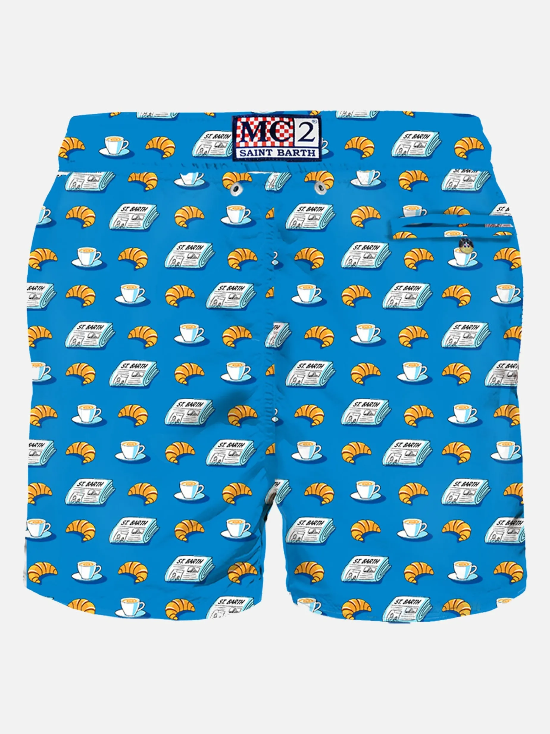 Herren-Badeshorts aus leichtem Stoff mit Zeitungs- und Croissant-Aufdruck
