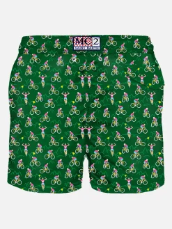 Herren-Badeshorts aus leichtem Stoff mit Radfahrer-Print