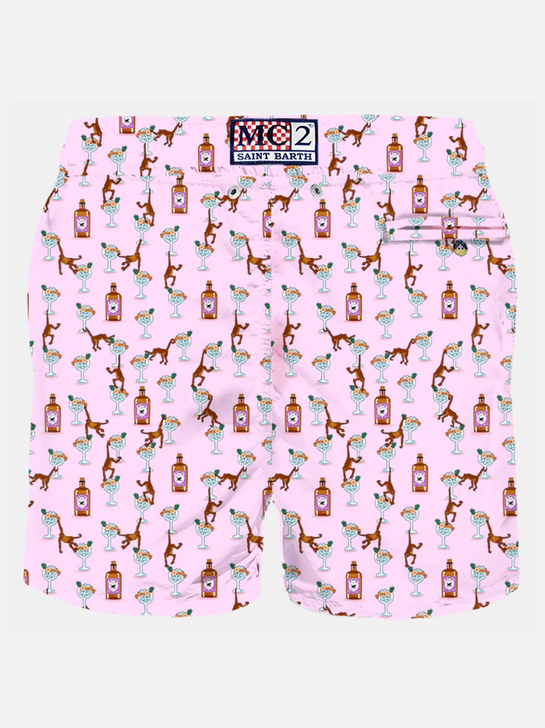 Herren-Badeshorts aus leichtem Stoff mit Gin- und Affen-Print