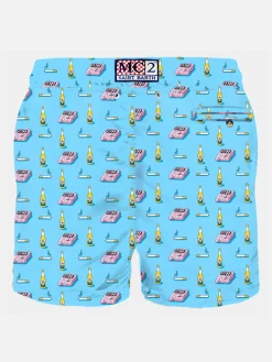 Herren-Badeshorts aus leichtem Stoff mit Zeitungs-, Bier- und Zigarettenaufdruck
