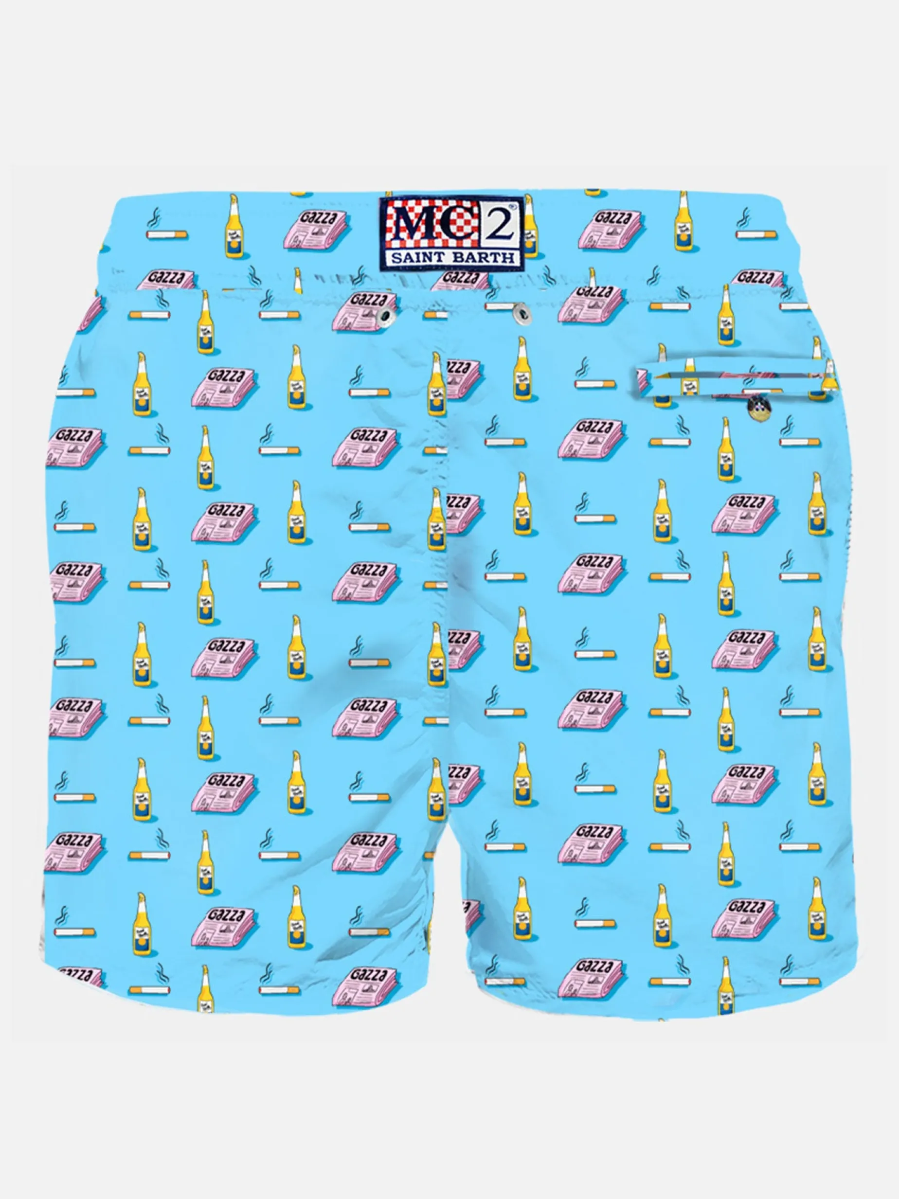 Herren-Badeshorts aus leichtem Stoff mit Zeitungs-, Bier- und Zigarettenaufdruck