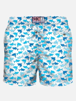 Herren-Badeshorts aus leichtem Stoff mit Hai-Aufdruck