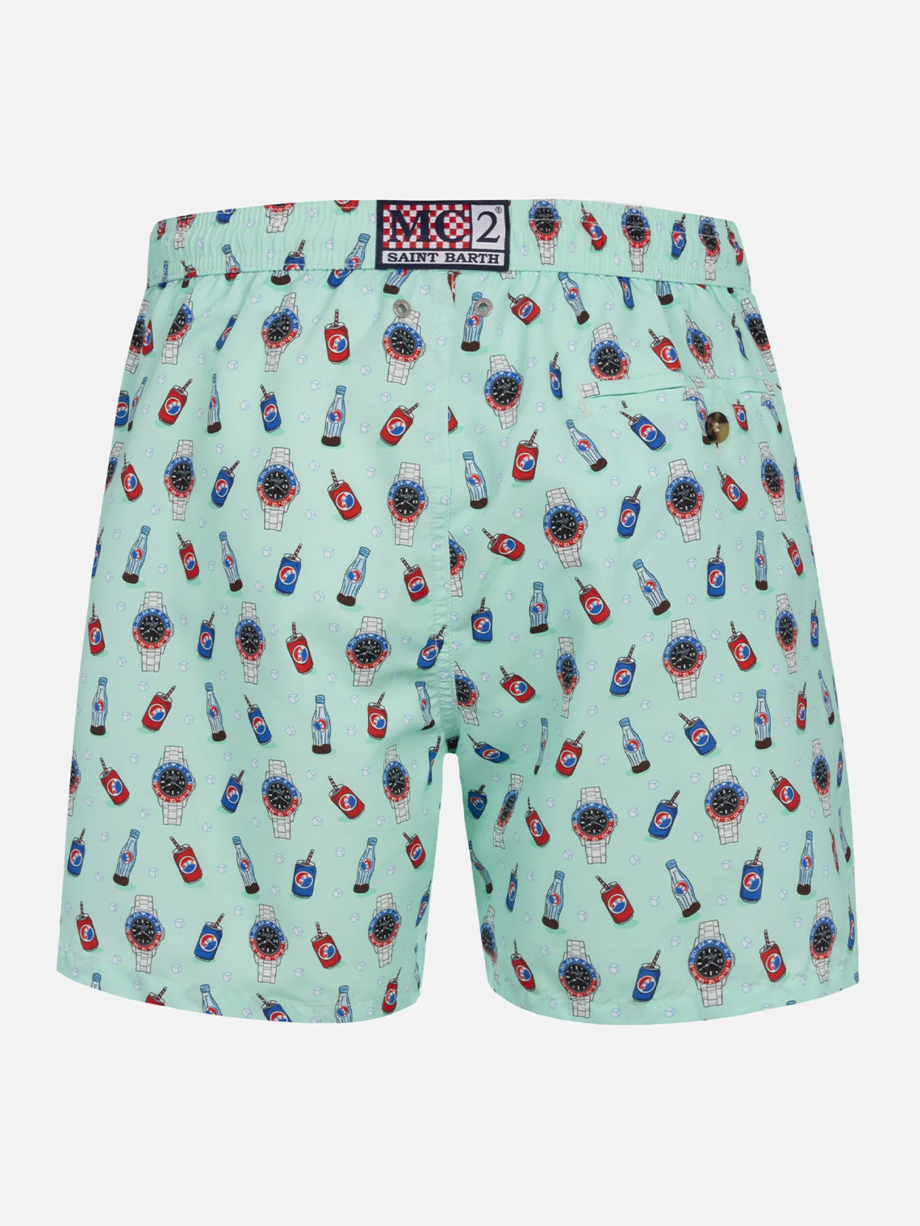 Herren-Badeshorts aus leichtem Stoff Lighting Micro Fantasy mit Uhren- und Getränkeaufdruck