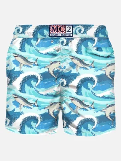 Herren-Badeshorts aus leichtem Stoff mit Hai-Print