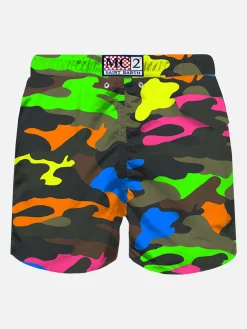 Herren-Badeshorts aus leichtem Stoff mit Fluo-Camouflage-Print