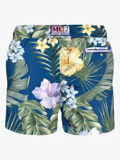 Herren-Badeshorts aus leichtem Stoff mit tropischem Aufdruck