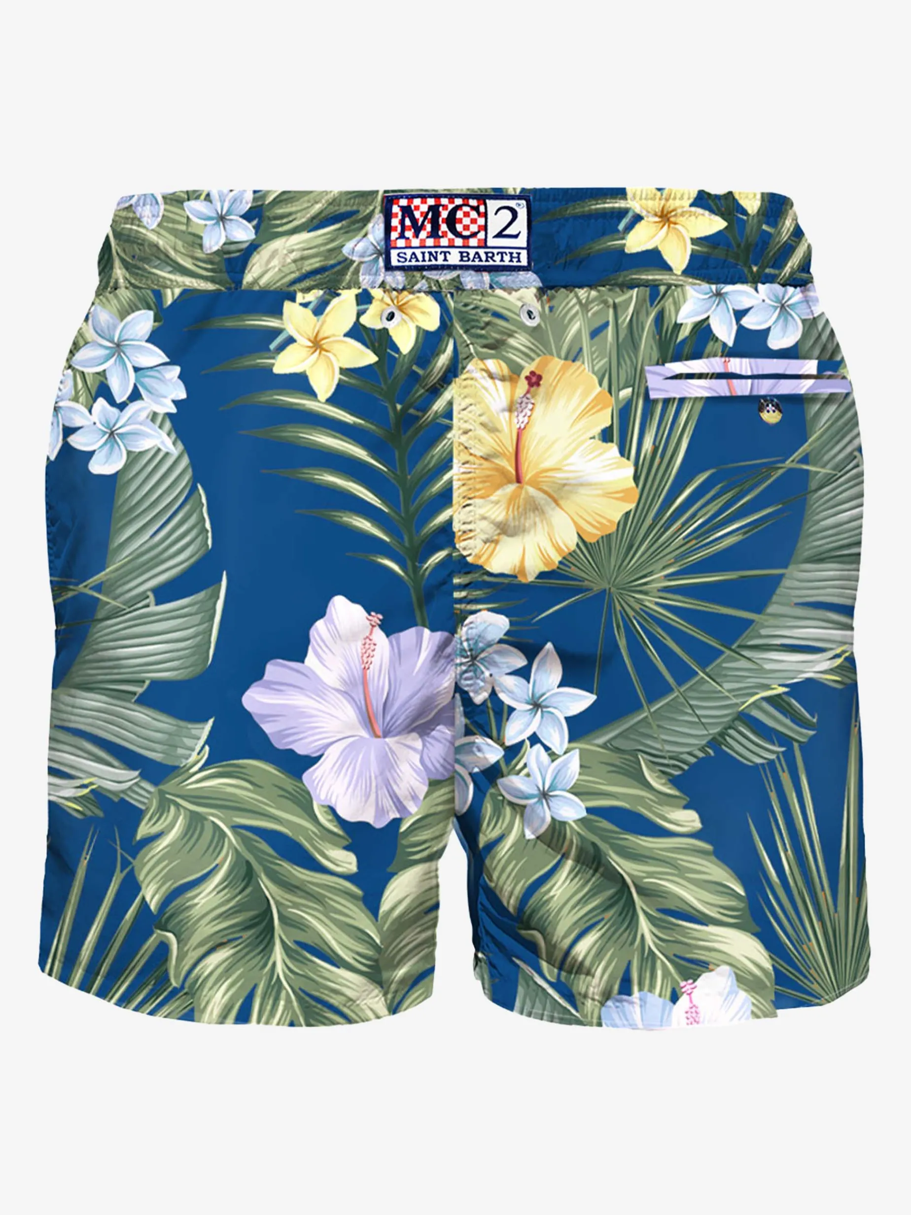 Herren-Badeshorts aus leichtem Stoff mit tropischem Aufdruck