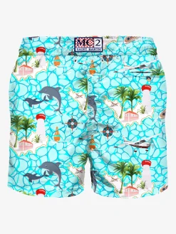 Herren-Badeshorts aus leichtem Stoff mit Segelboot-Aufdruck