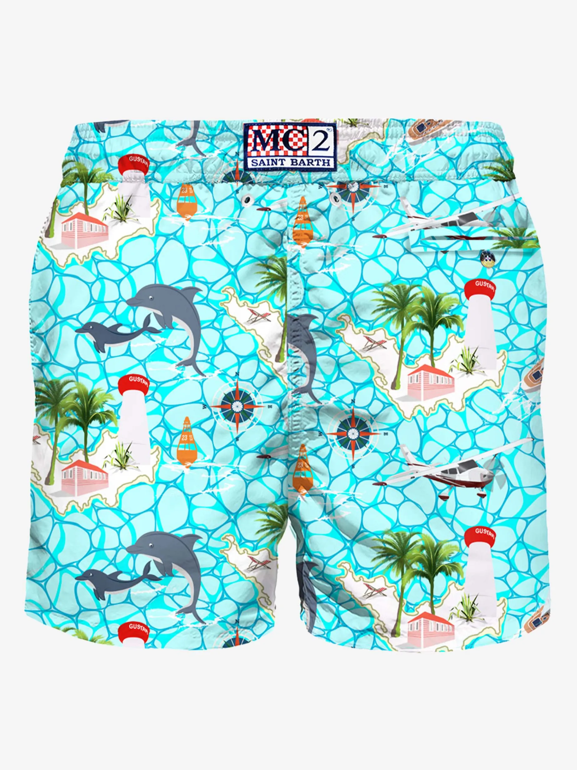 Herren-Badeshorts aus leichtem Stoff mit Segelboot-Aufdruck