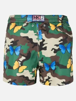 Herren-Badeshorts aus leichtem Stoff mit Schmetterlings- und Tarnmuster