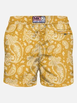 Herren-Badeshorts aus leichtem Stoff mit ockerfarbenem Paisley-Print
