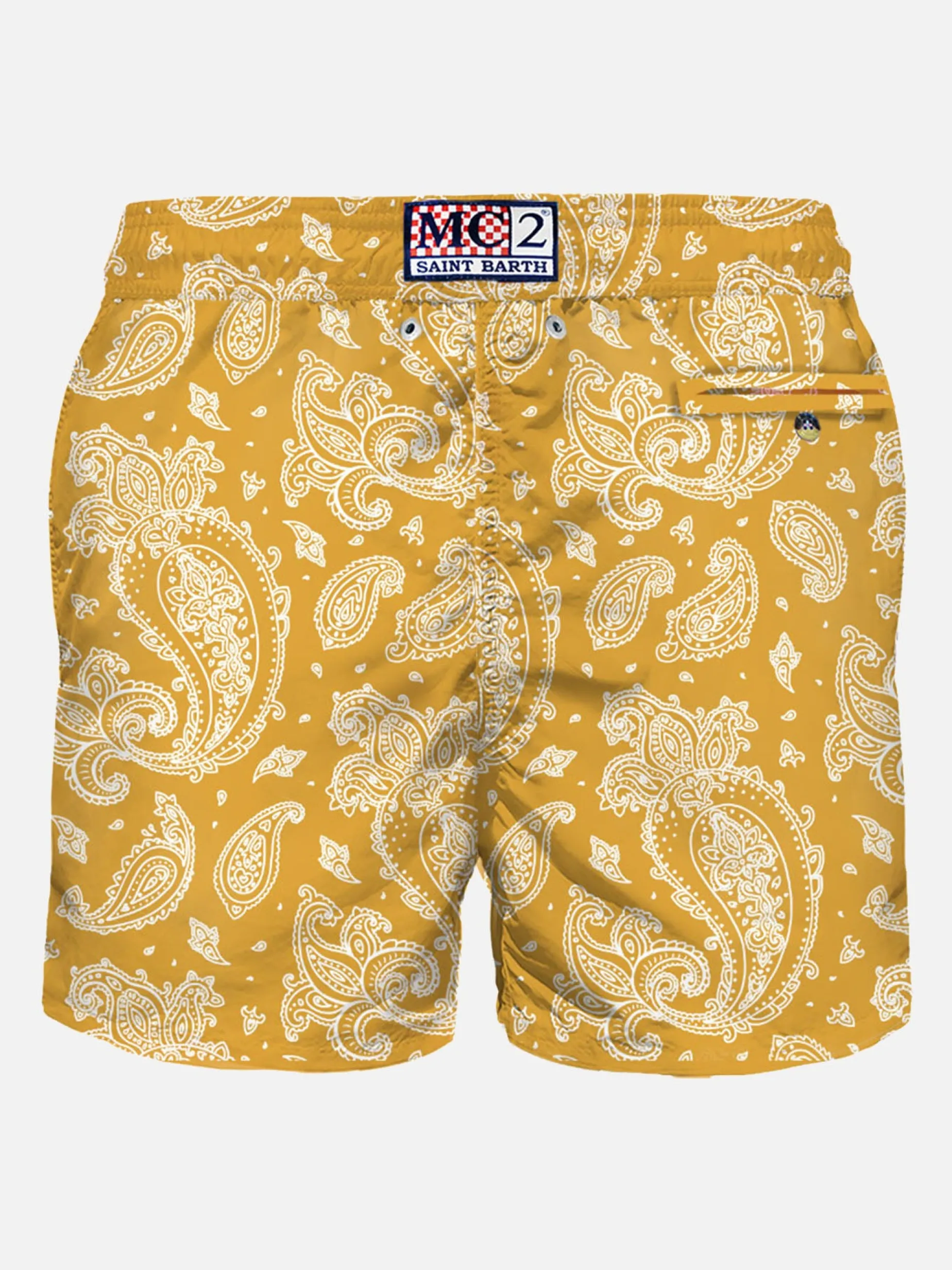 Herren-Badeshorts aus leichtem Stoff mit ockerfarbenem Paisley-Print