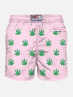 Herren-Badeshorts aus leichtem Stoff mit aufgestickten Blättern