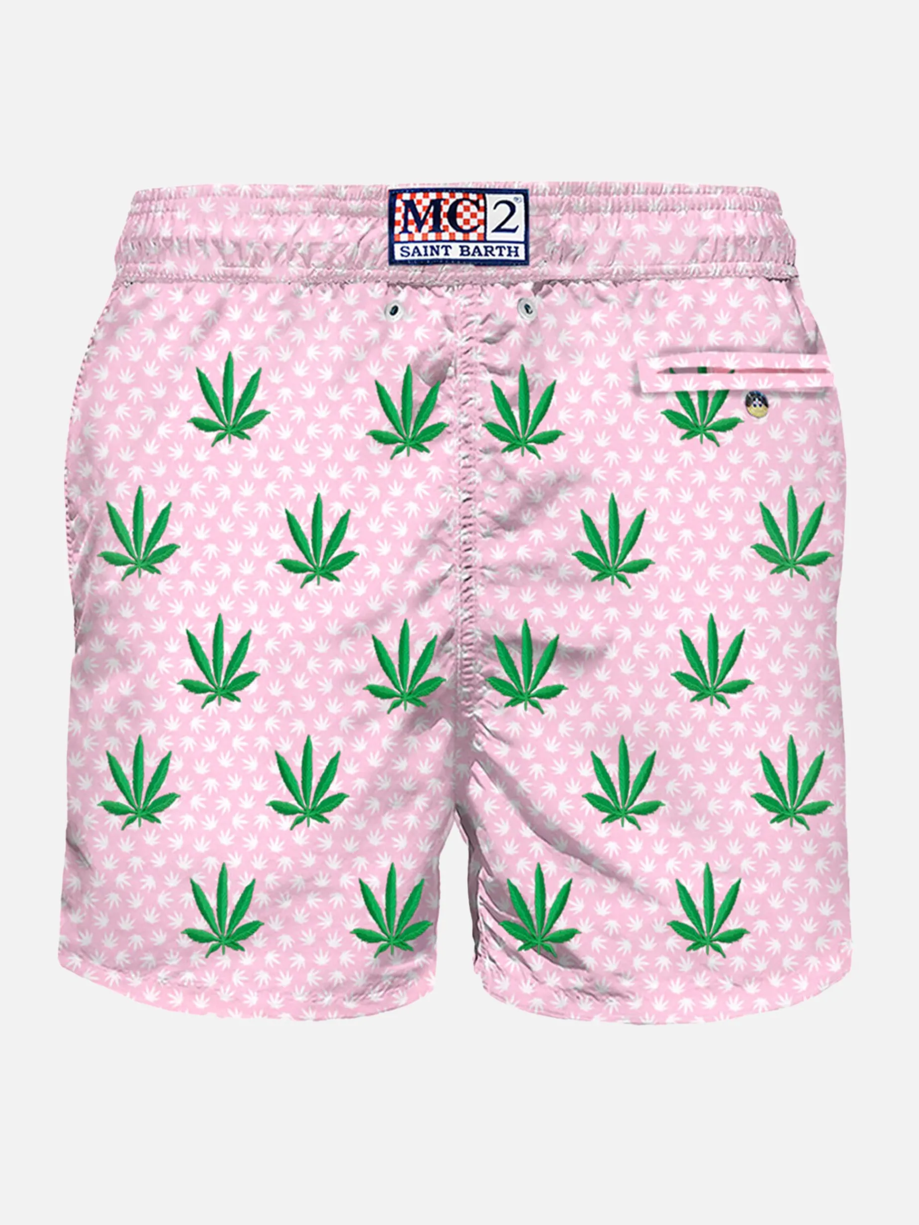Herren-Badeshorts aus leichtem Stoff mit aufgestickten Blättern