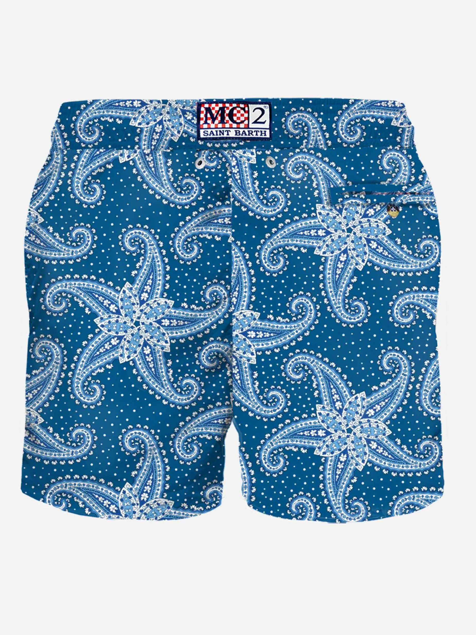Herren-Badeshorts aus leichtem Stoff mit blauem Paisley-Print