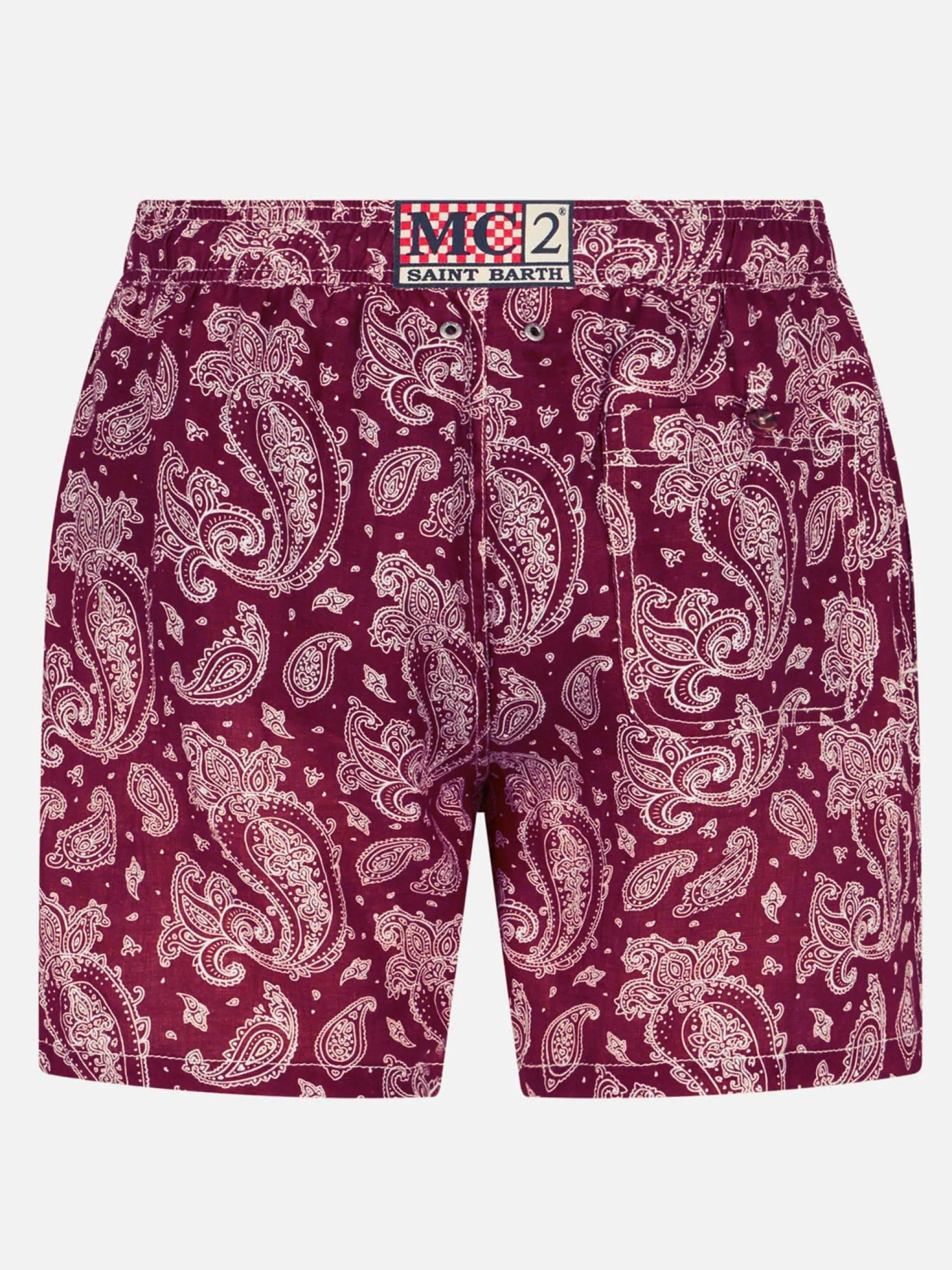 Herren-Badeshorts aus leichtem Stoff mit burgunderrotem Paisley-Print