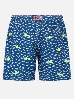 Herren-Badeshorts aus leichtem Stoff mit aufgestickten Haien