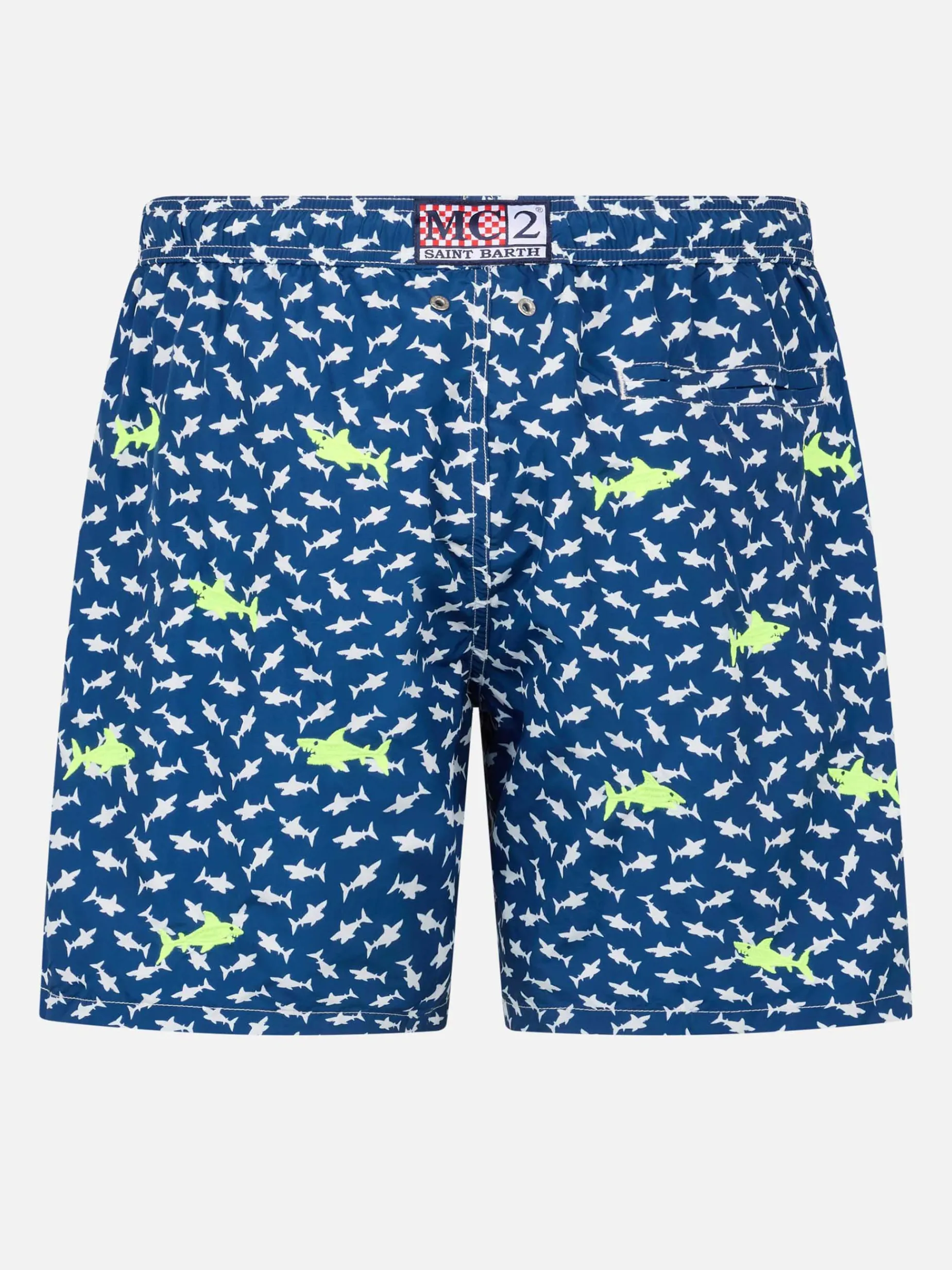 Herren-Badeshorts aus leichtem Stoff mit aufgestickten Haien